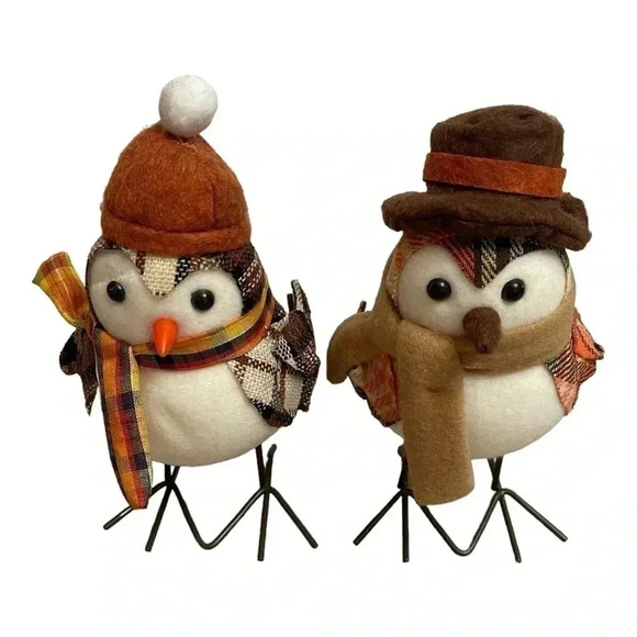 Harvest Autumn Fall Fabric Felt Birds Set 2 Birds Plaid Scarf Hat Holiday Decor - Picture 2 of 16